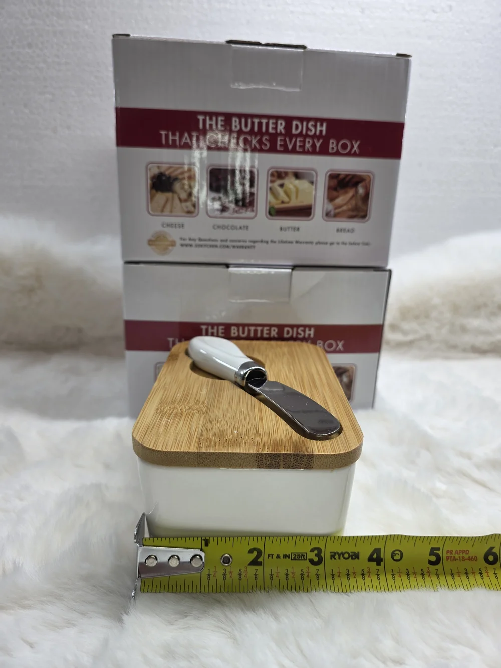 White Ceramic Butter Dish with Bamboo Lid and Spreader